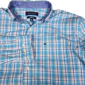 Crown Ivy Classic Fit Plaid Button Down Shirt Men Size‎ Medium Blue Pink Green